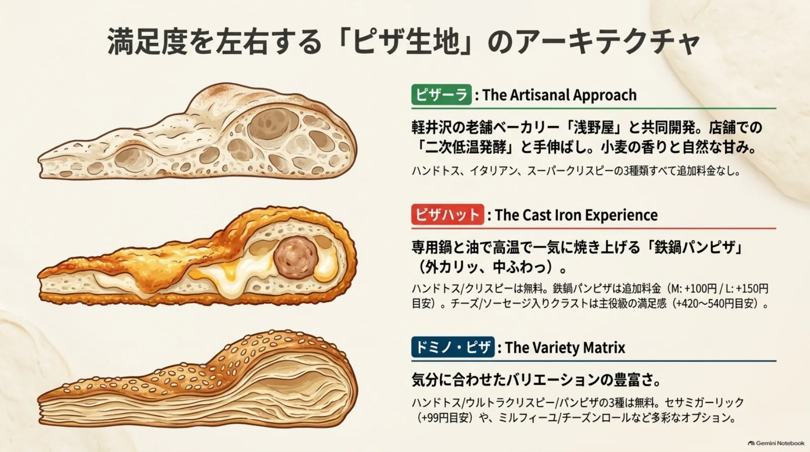 ピザーラの発酵と手伸ばし、ピザハットの鉄鍋パンピザと具入りのみみ、ドミノ・ピザの多彩なクラストを断面イラストで比較。