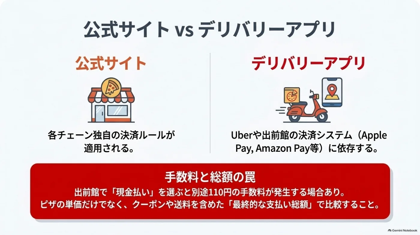 公式サイトと配達アプリでは決済方法や料金条件が異なるため、クーポン、送料、手数料を含む最終支払額で比較する。