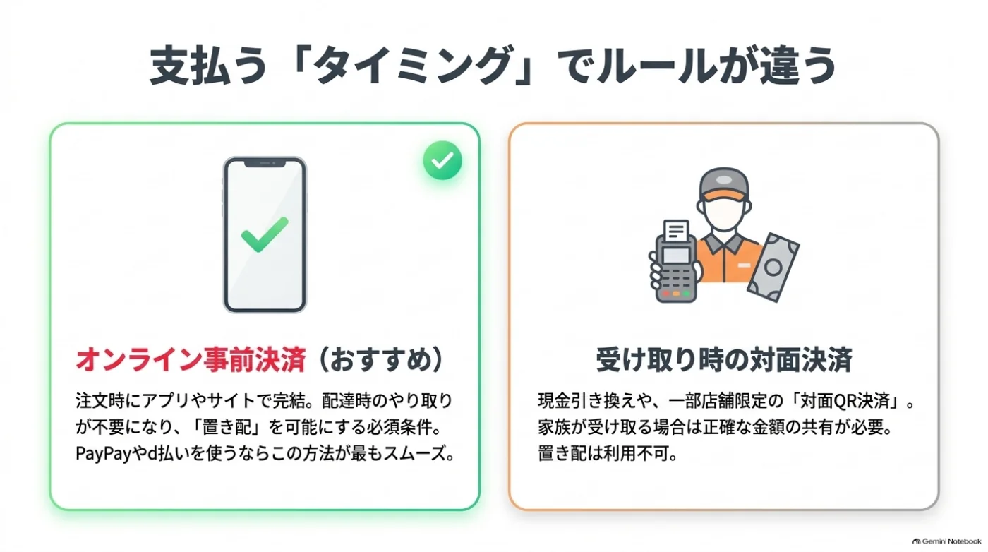 注文時に支払いを済ませるオンライン事前決済と、受け取り時に現金や対応店舗のQR決済で支払う対面決済を比較。