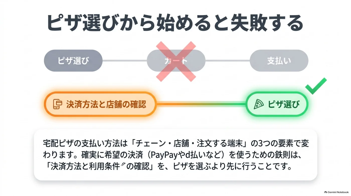 ピザ選びから始める流れと、決済方法・店舗の確認から始める流れを比較。支払い方法はチェーン、店舗、注文端末によって異なる。
