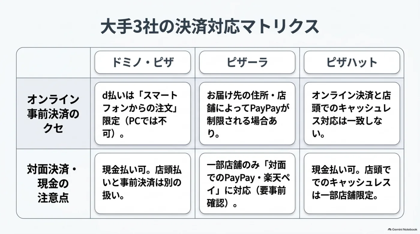大手宅配ピザ3社の決済条件を比較。ドミノのd払いはスマートフォン注文が条件で、ピザーラのPayPayやピザハットの店頭決済には店舗による違いがある。