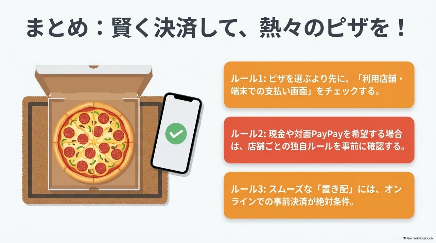 宅配ピザの注文では、店舗と端末の決済条件、現金・対面PayPayの対応、置き配に必要なオンライン事前決済を確認する。