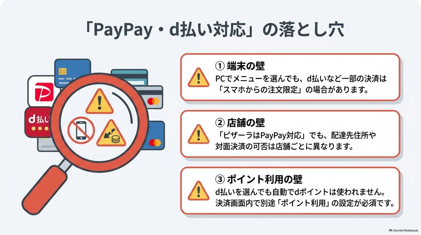 PayPay・d払いを使う際の注意点として、注文端末の制限、店舗ごとの対応、dポイント利用設定の確認を示した図。