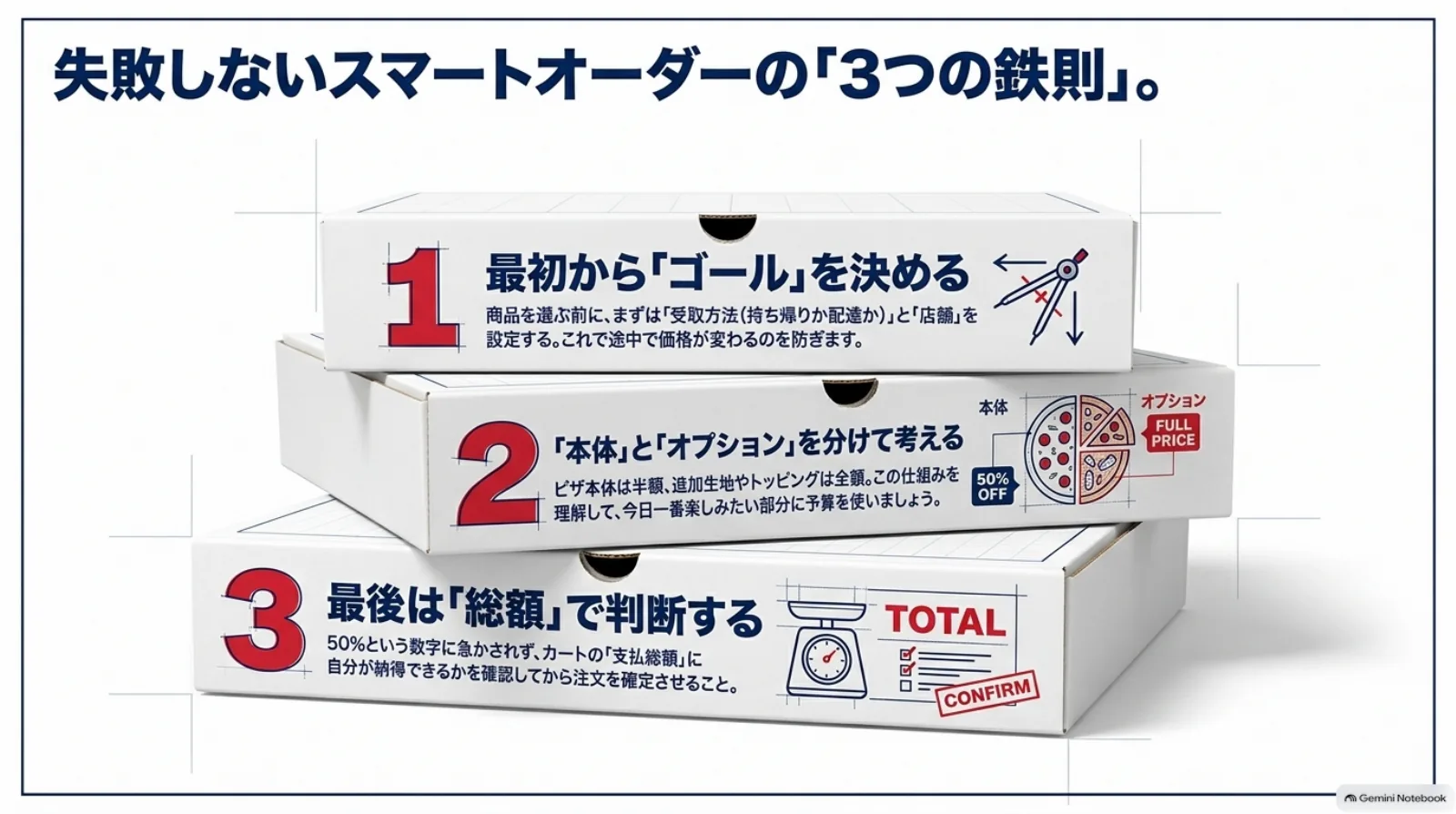 受取方法と店舗を先に決める、本体と追加料金を分けて考える、最後は支払総額で判断するという注文の三つのポイント