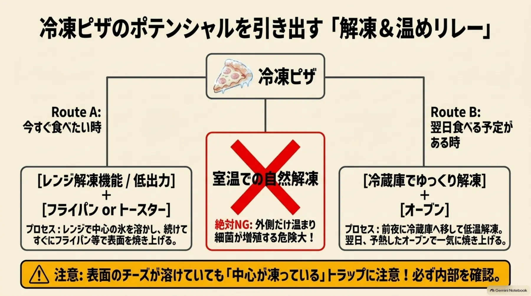 冷凍ピザをすぐ食べる場合と翌日食べる場合の解凍・加熱ルート、常温解凍を避ける注意点