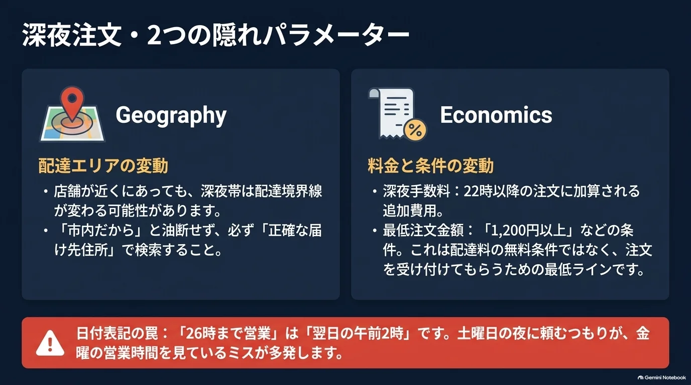 深夜注文で確認する配達エリア、追加料金、最低注文金額を整理し、26時は翌日午前2時を意味することを示した図。