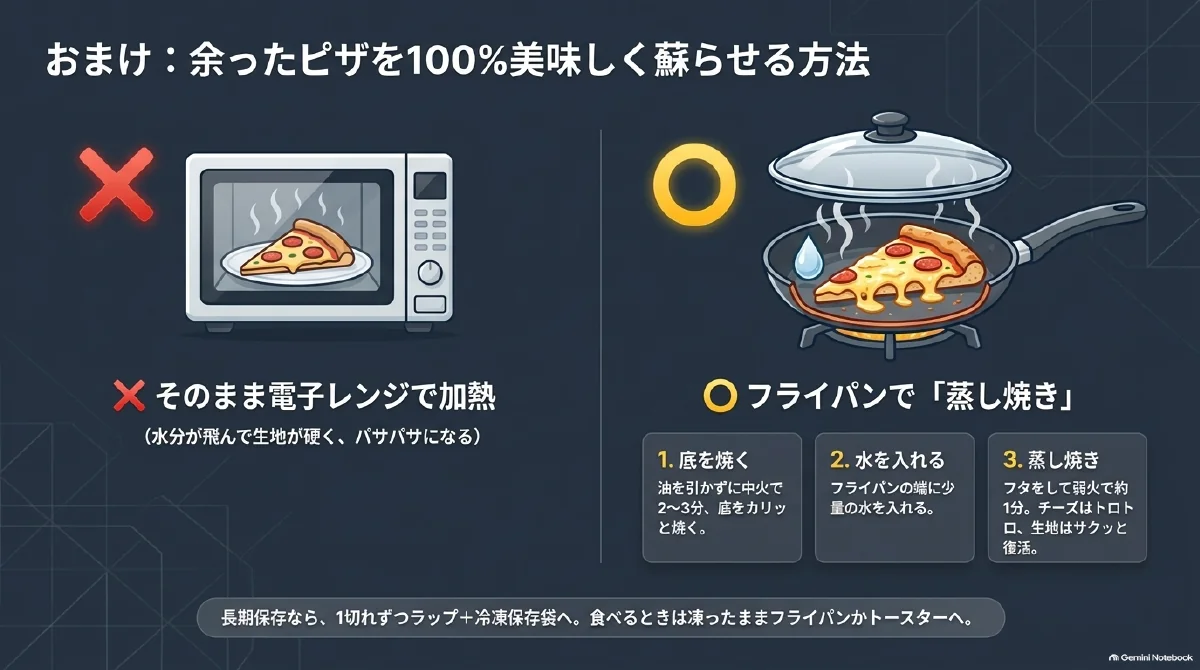 余ったピザをフライパンで温め直す3手順。底を焼き、端に少量の水を入れ、フタをして蒸し焼きにする。冷凍保存の方法も紹介。