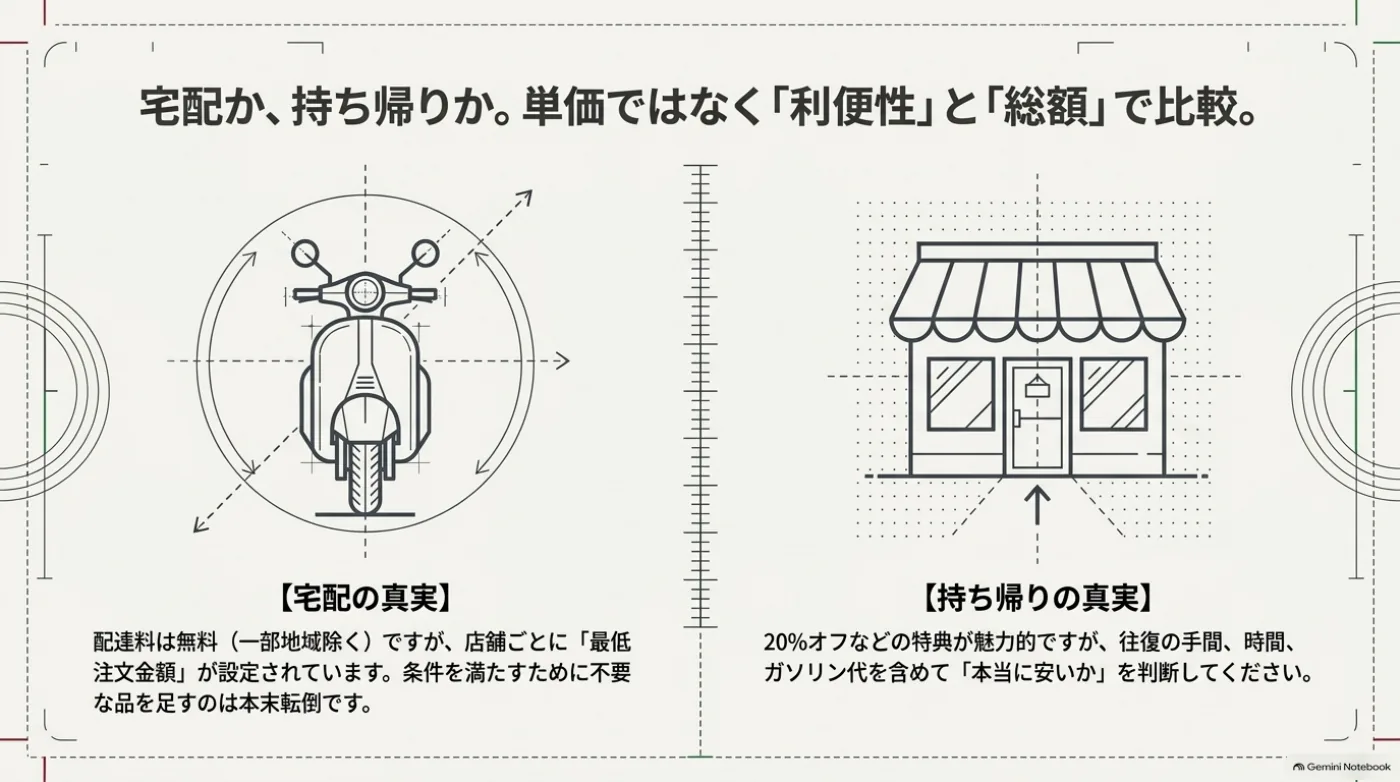 宅配の配達料や最低注文額と、持ち帰りの割引や移動の負担を比較して注文方法を選ぶ図