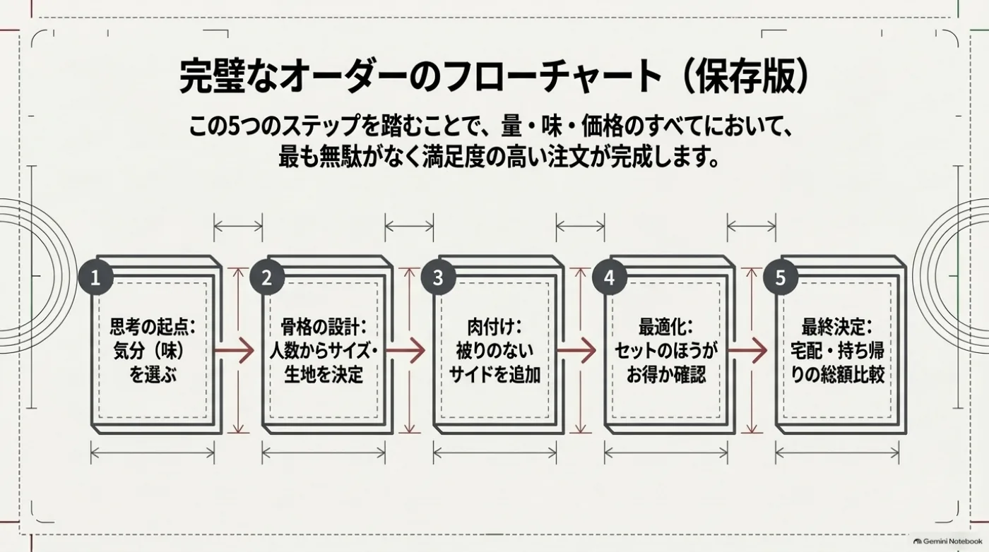 味を選ぶ、サイズと生地を決める、サイドを追加する、セットを比較する、宅配と持ち帰りの総額を比べる5段階の注文手順