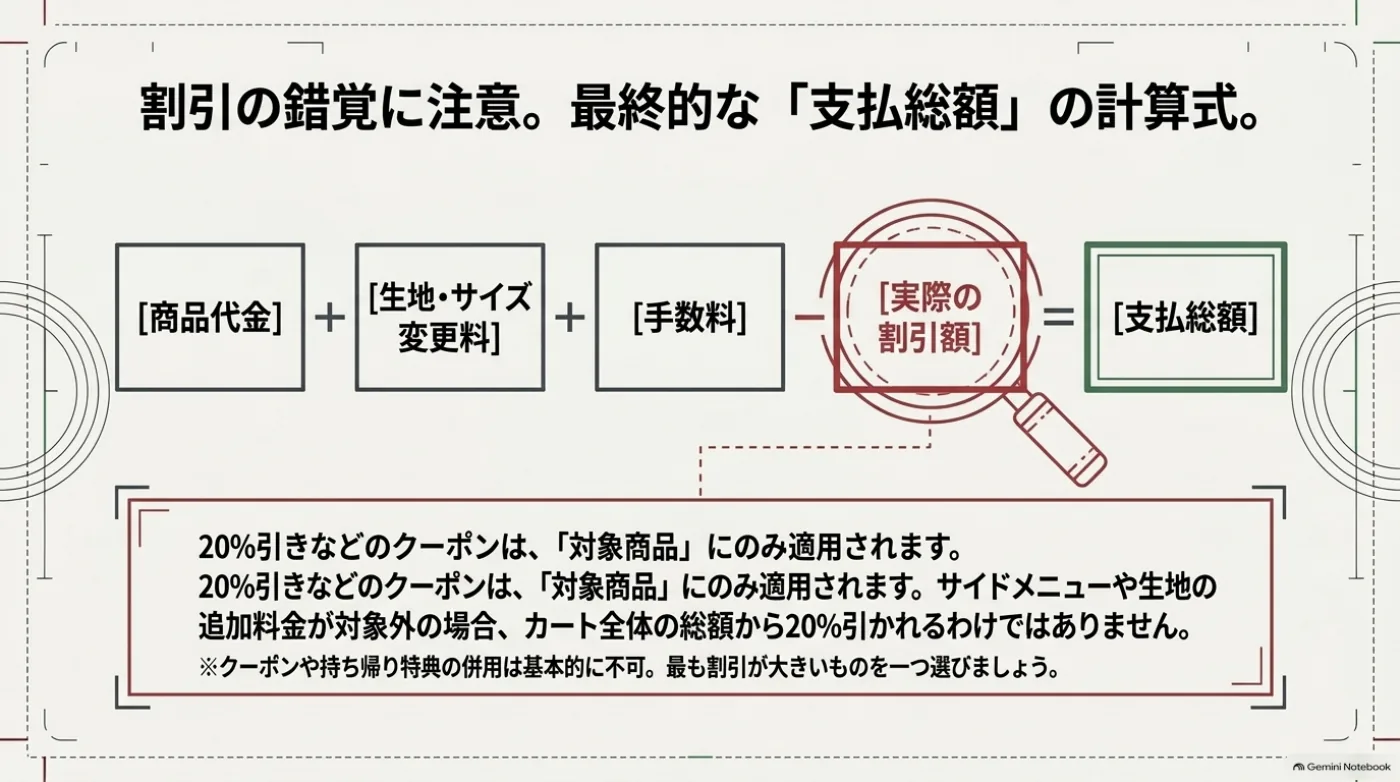 商品代金に生地やサイズの変更料金と手数料を加え、実際の割引額を引いて支払総額を求める計算式