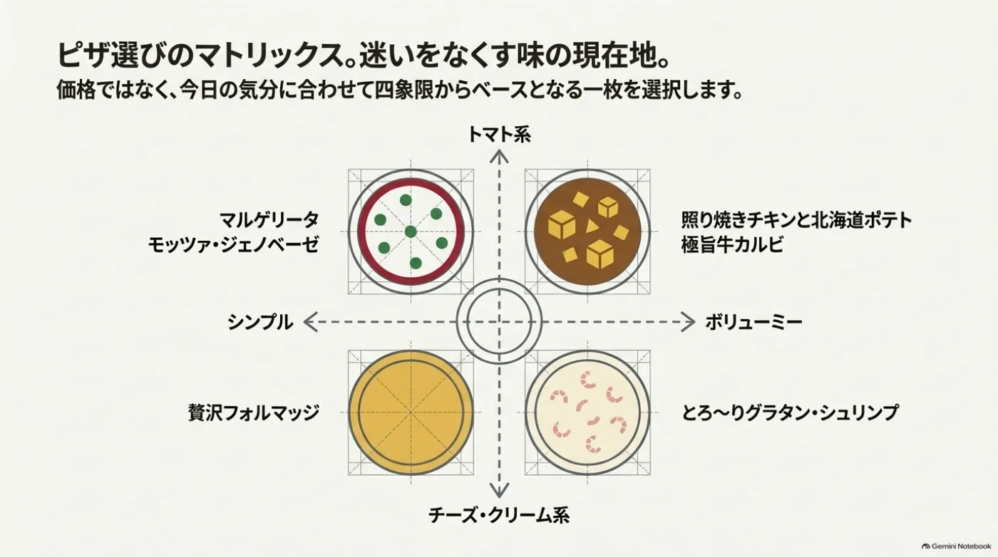 マルゲリータ、モッツァ・ジェノベーゼ、贅沢フォルマッジ、肉系ピザ、グラタン・シュリンプの味と食べ応えを比較する図