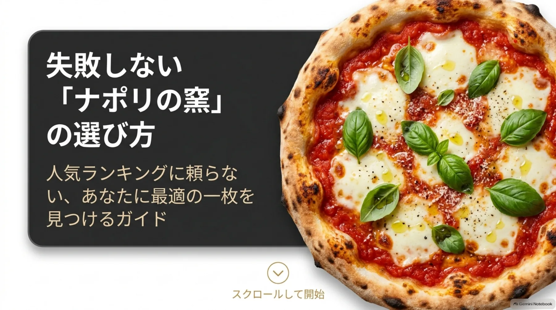 マルゲリータの写真と、人気順位だけでなく自分の好みに合うピザを選ぶガイドの表紙