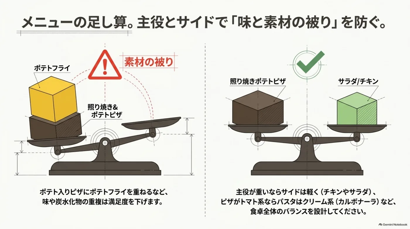 ポテト入りピザとポテトフライの重なりを例に、主食とサイドの具材や味を変えて組み合わせる考え方