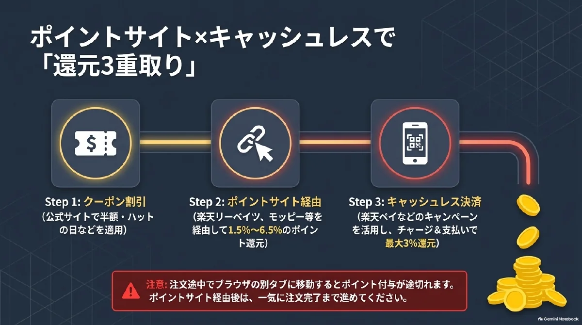 クーポン割引、ポイントサイト経由の還元、キャッシュレス決済のポイントを組み合わせる図。ポイントサイト経由後は注文完了まで続けて進める。