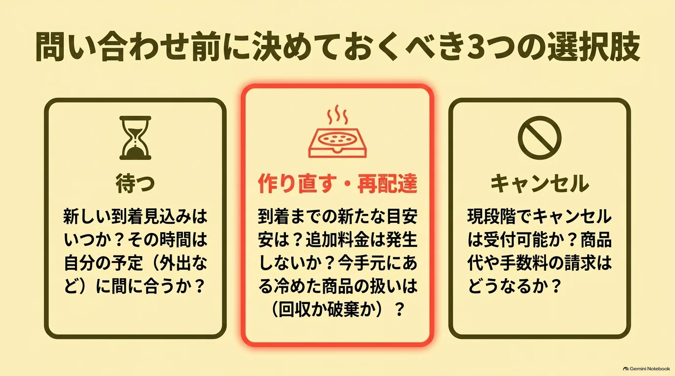待つ、作り直しや再配達を相談する、キャンセルを相談するという3つの選択肢と、それぞれの到着見込みや追加料金、代金の扱いなどの確認事項。