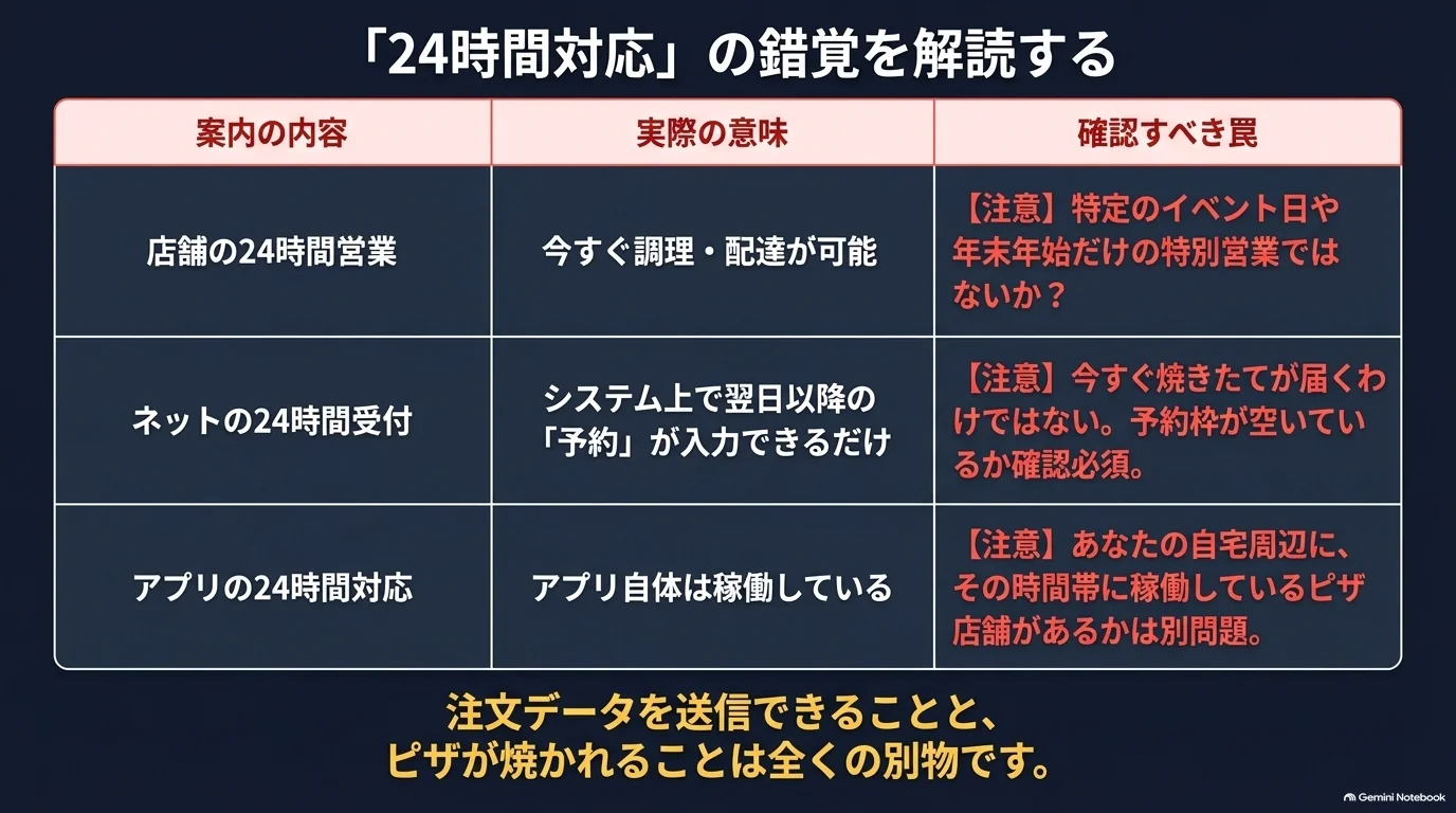 店舗の24時間営業、ネットの24時間予約受付、配達アプリの24時間対応を比較し、それぞれの意味と確認事項を示した表。