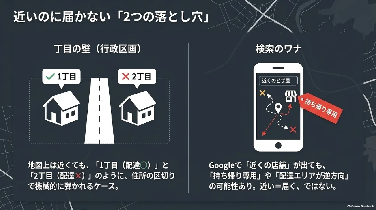 道を挟んだ1丁目と2丁目で配達可否が分かれる例と、近くの店を検索しても配達可能とは限らないことを示した図。