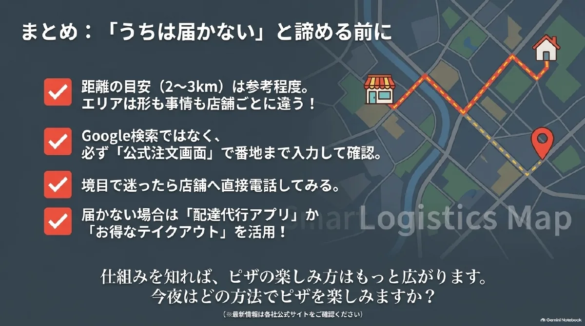距離は参考にとどめ、公式注文画面で住所を確認し、境界では店舗に問い合わせ、配達代行やお持ち帰りを検討する要点を示した図。