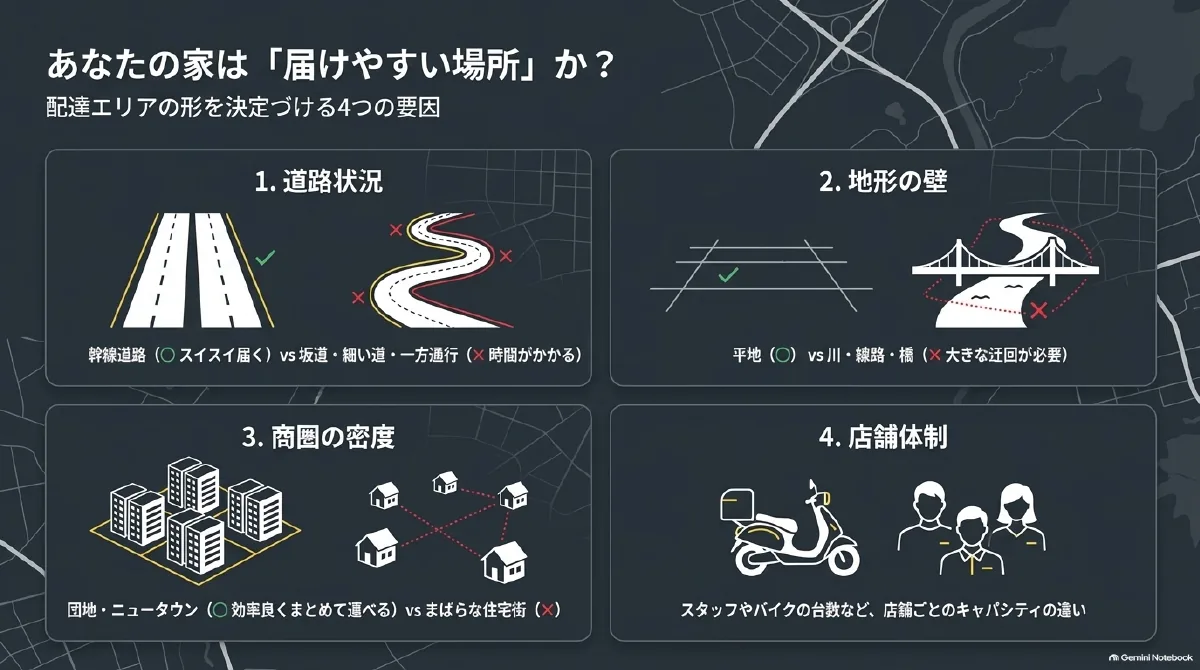 配達範囲に影響する道路状況、川や線路などの地形、住宅や商圏の密度、スタッフや車両などの店舗体制を示した図。