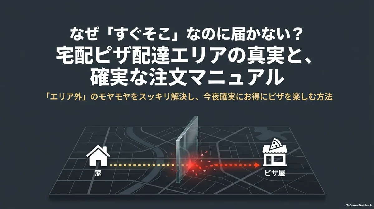 家とピザ店の間に配達エリアの境界を描き、近くても届かない理由と配達可否の確認方法を紹介する表紙。