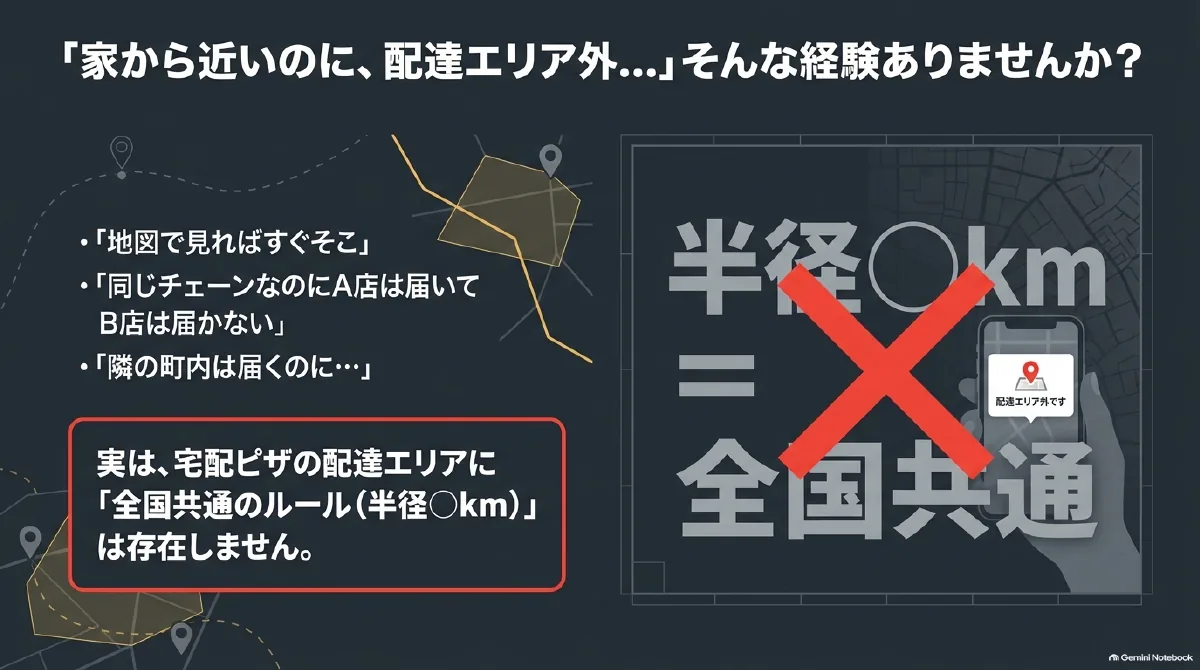 近い店舗でも配達エリア外になる例と、宅配ピザには全国共通の半径による配達ルールがないことを示した図。