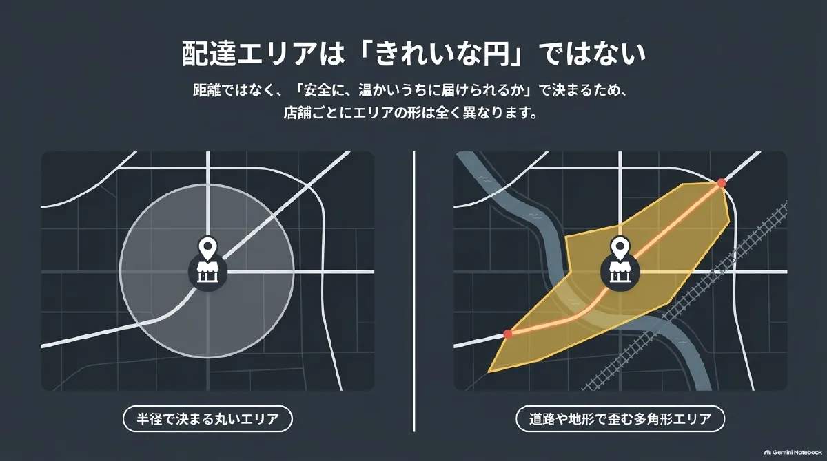 店舗を中心とする円形の範囲と、道路や地形に沿って広がる多角形の配達エリアを比較した図。