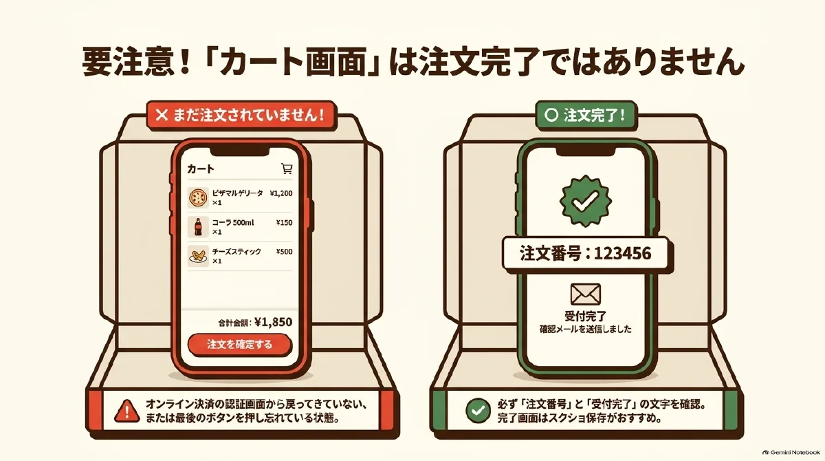 注文確定前のカート画面と、注文番号・受付完了が表示された注文完了画面を比較した図