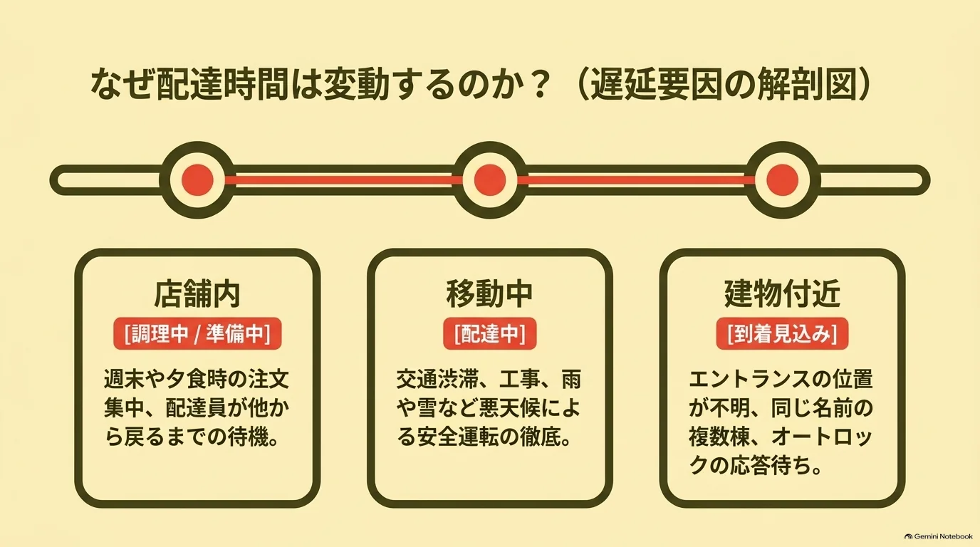 配達が遅れる原因を、店舗内の調理や配達員待ち、移動中の渋滞や悪天候、建物付近の入口確認や呼び出し待ちに分けた図。