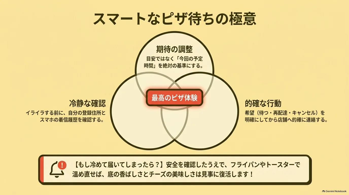 今回の予定時間を基準にする、登録住所や着信履歴を確認する、希望する対応を決めて連絡するという3つのポイントをまとめた図。