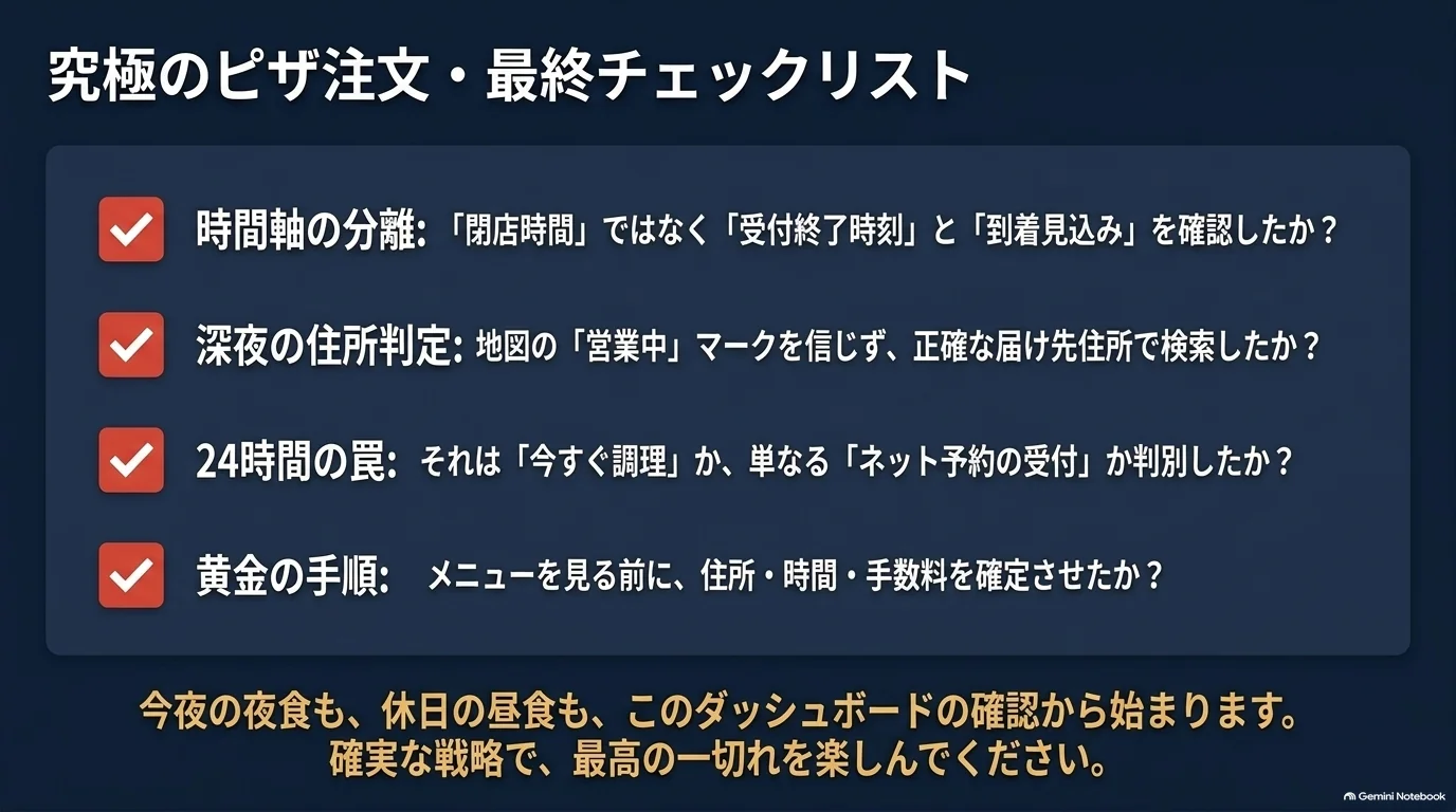 注文受付終了と到着見込み、正しい届け先、24時間受付の意味、メニュー選択前の住所・日時・料金確認をまとめたチェックリスト。