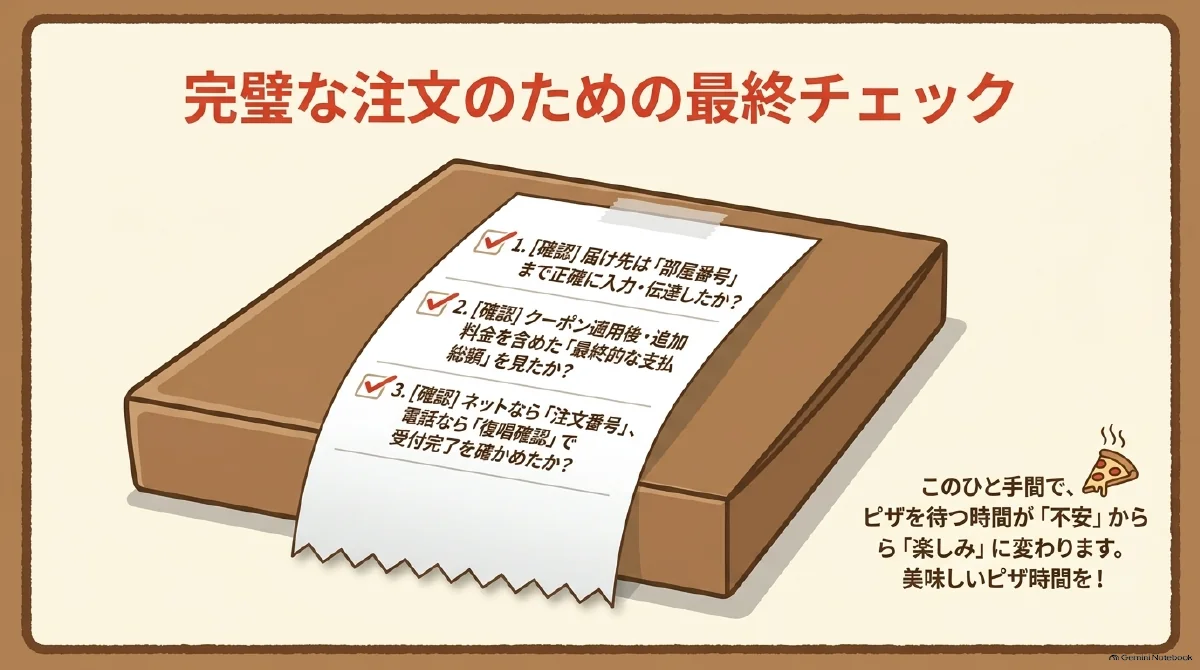 届け先を部屋番号まで確認し、クーポンと追加料金を含む支払総額を確認、ネットは注文番号、電話は復唱で受付完了を確かめる最終チェックリスト