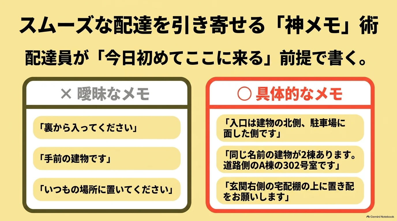 曖昧な配達メモと具体的なメモを比較し、入口の方角、棟番号と部屋番号、指定する置き配場所を明確に伝える例。