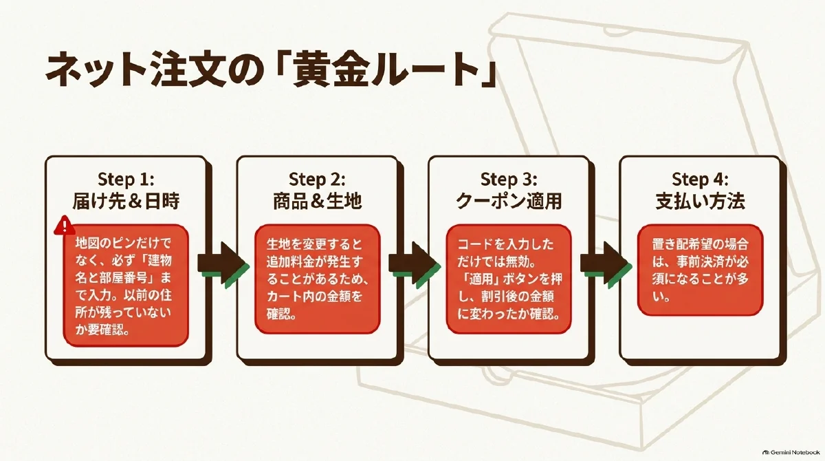 ネット注文の流れを、届け先と日時、商品と生地、クーポン適用、支払い方法の4段階で示した図。住所、追加料金、割引の反映、置き配条件を確認する