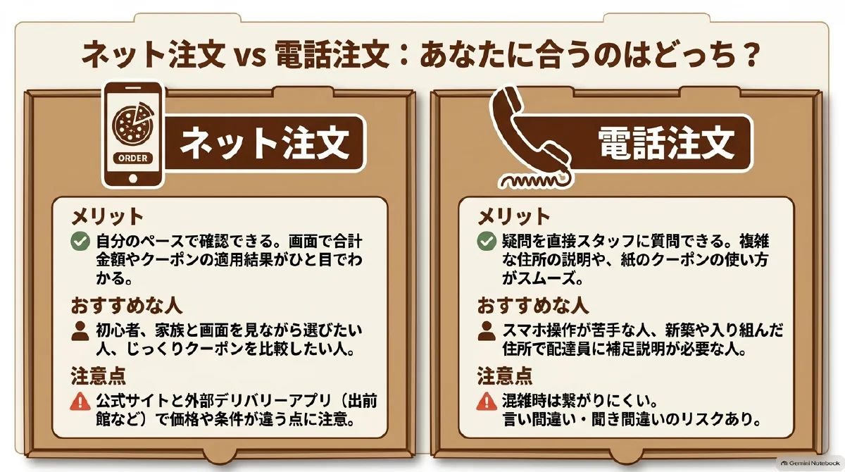 ネット注文と電話注文のメリット、おすすめの人、注意点を比較。ネットは画面で内容を確認しやすく、電話は住所や支払いについて相談しやすい