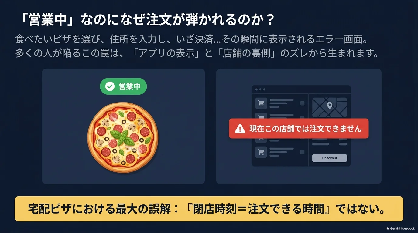 営業中の表示と注文できない画面を並べ、店舗の閉店時刻と注文できる時間が一致するとは限らないことを示した図。