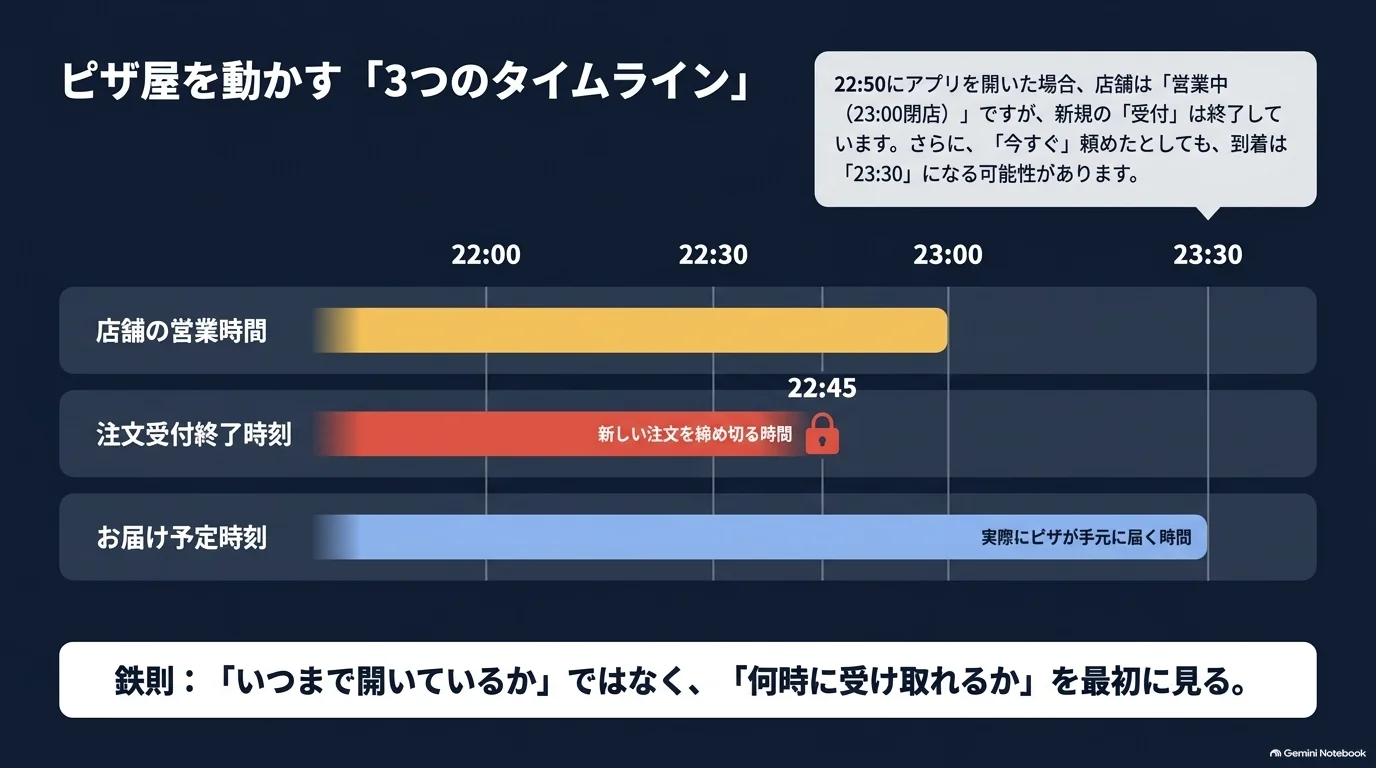 23時閉店、22時45分受付終了、23時30分到着見込みという例で、営業時間、注文の締め切り、受け取り時刻の違いを示した図。