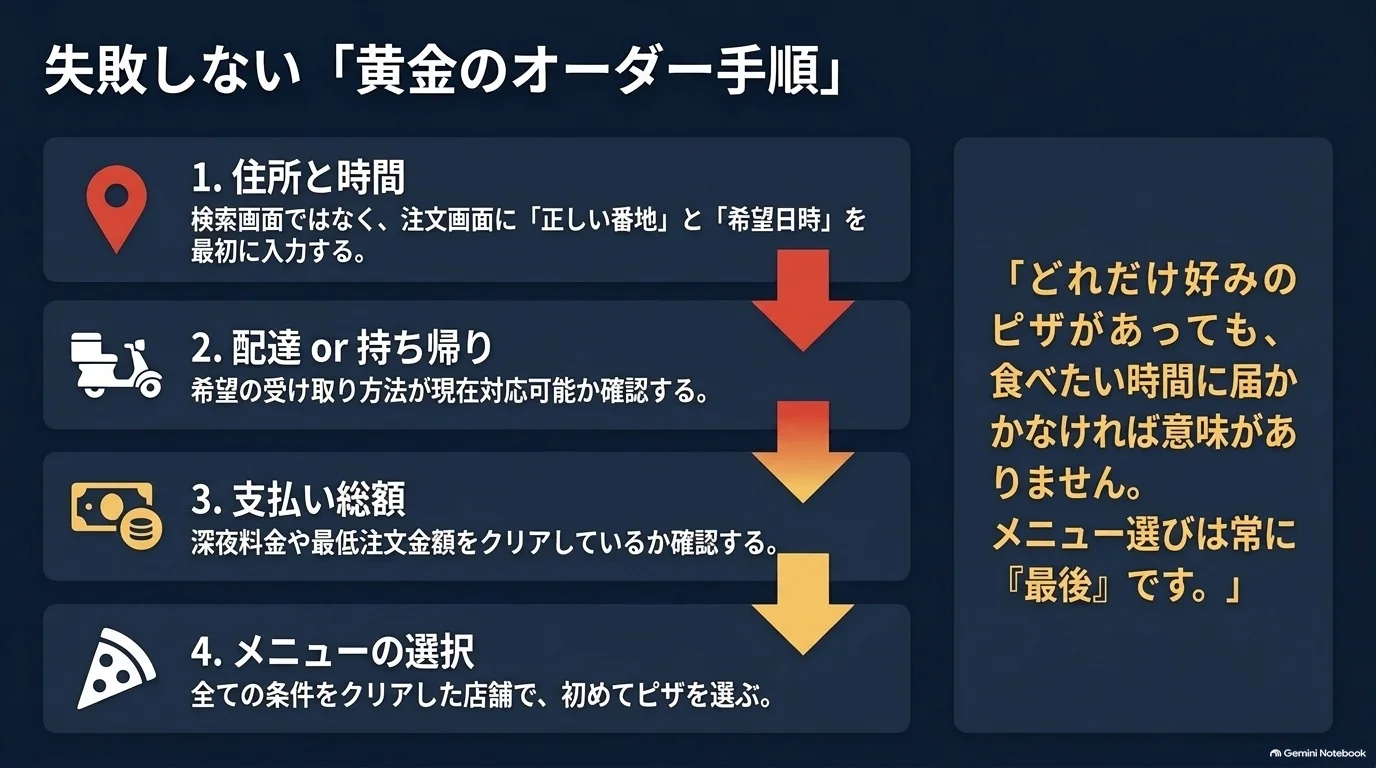 住所と希望日時、配達か持ち帰りか、支払い総額を確認してからメニューを選ぶ、宅配ピザ注文の4段階を示した図。