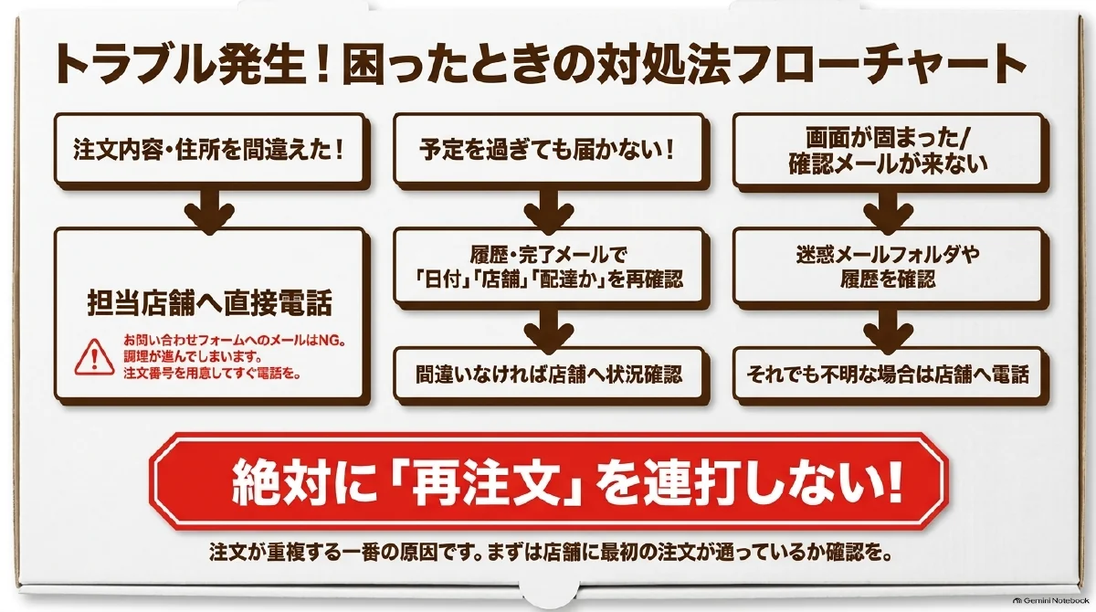 注文間違いは担当店舗へ電話し、配達遅延は注文日時や店舗を確認、メール未着は履歴や迷惑メールを確認するフローチャート。再注文前に最初の注文の受付状況を確かめる