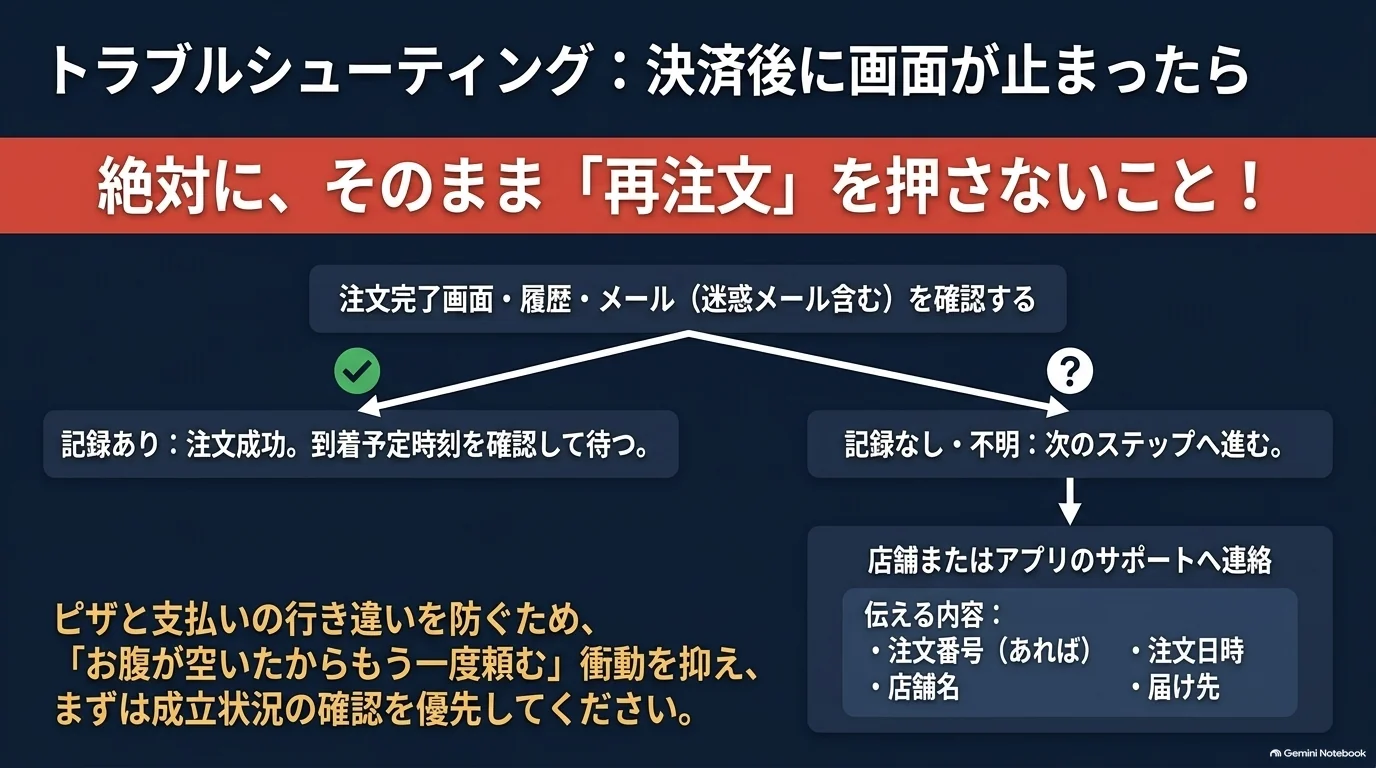 決済後に画面が止まった場合、再注文する前に完了画面、注文履歴、メールを確認し、成立状況が不明なら店舗やサポートへ連絡する流れ。
