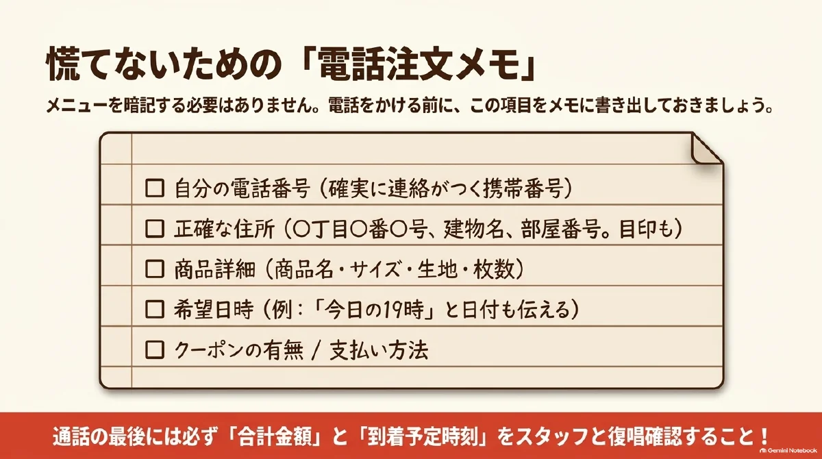 電話注文前に用意する電話番号、住所、商品名・サイズ・生地・枚数、希望日時、クーポン、支払い方法のチェックリスト。通話の最後に合計金額と到着予定時刻を確認する