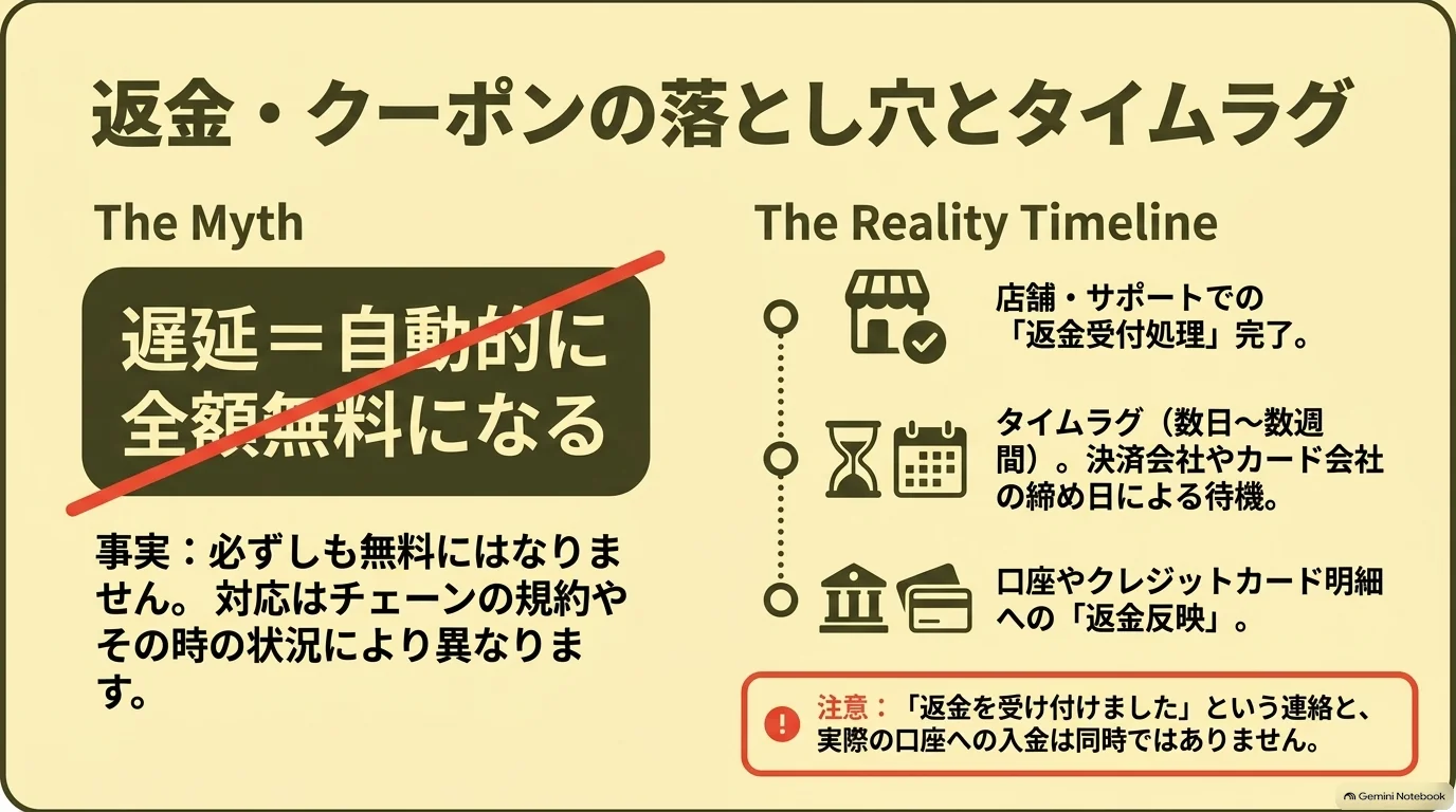 遅延だけで全額無料になるとは限らず、返金受付の完了から決済会社の処理を経て口座やカード明細へ反映されるまでに時間差があることを示した図。