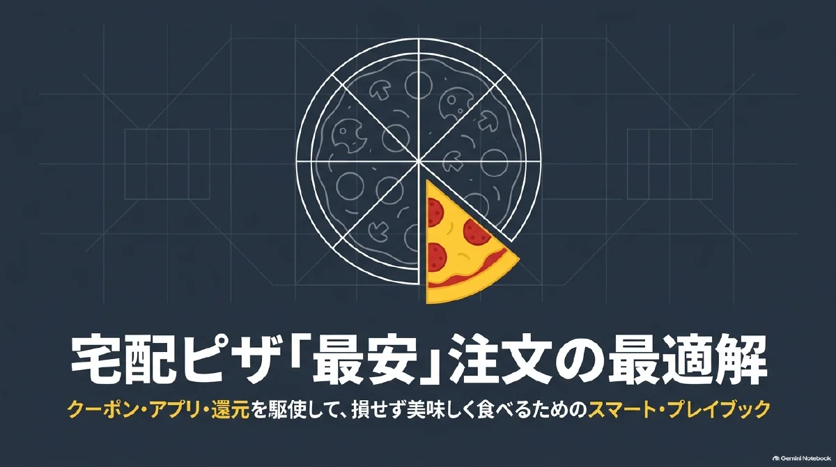 宅配ピザを安く注文するために、クーポン、デリバリーアプリ、ポイント還元を活用する攻略ガイドの表紙。