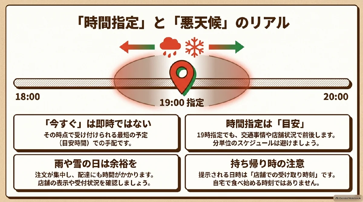 時間指定でも交通や店舗の状況で到着が前後することを示した図。今すぐ注文は最短の予定での手配であり、雨や雪の日は余裕を持ち、持ち帰りは店舗での受け取り時刻を確認する