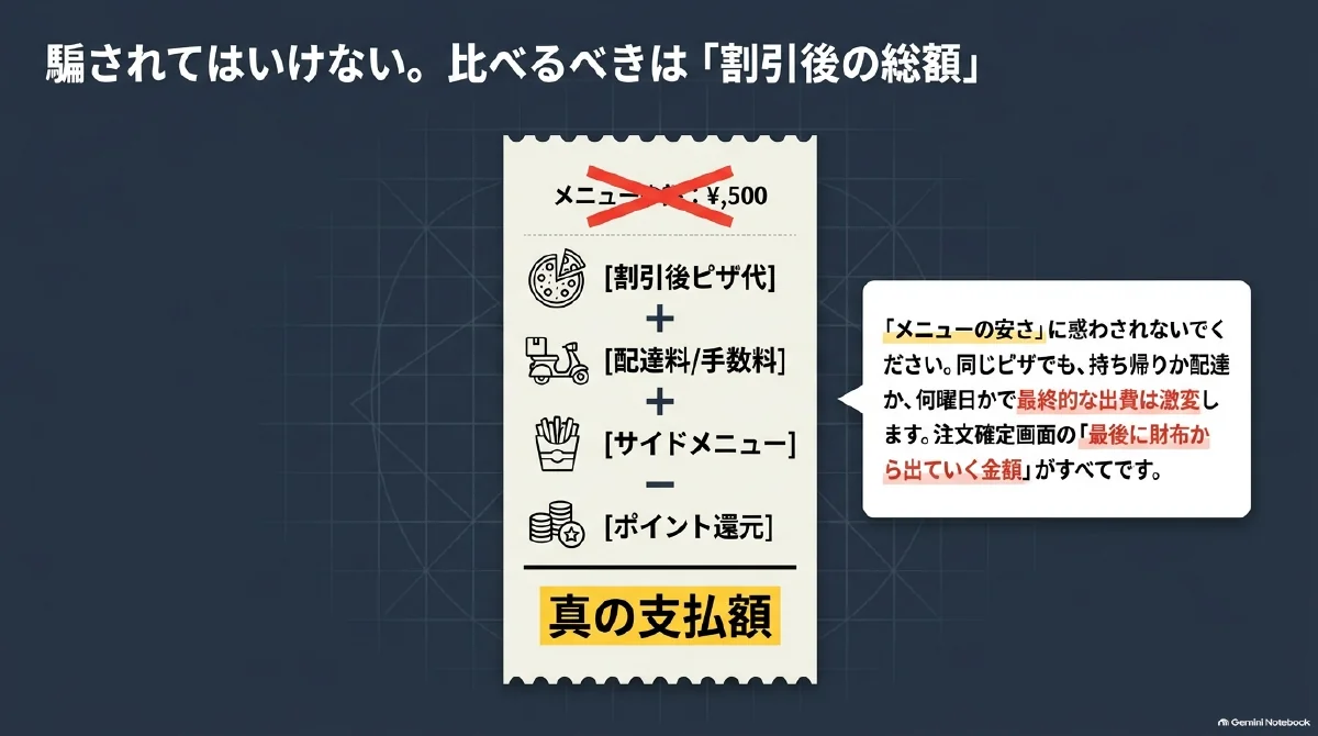割引後のピザ代に配達料・手数料とサイドメニュー代を足し、ポイント還元を差し引いて実質負担を比較する図。