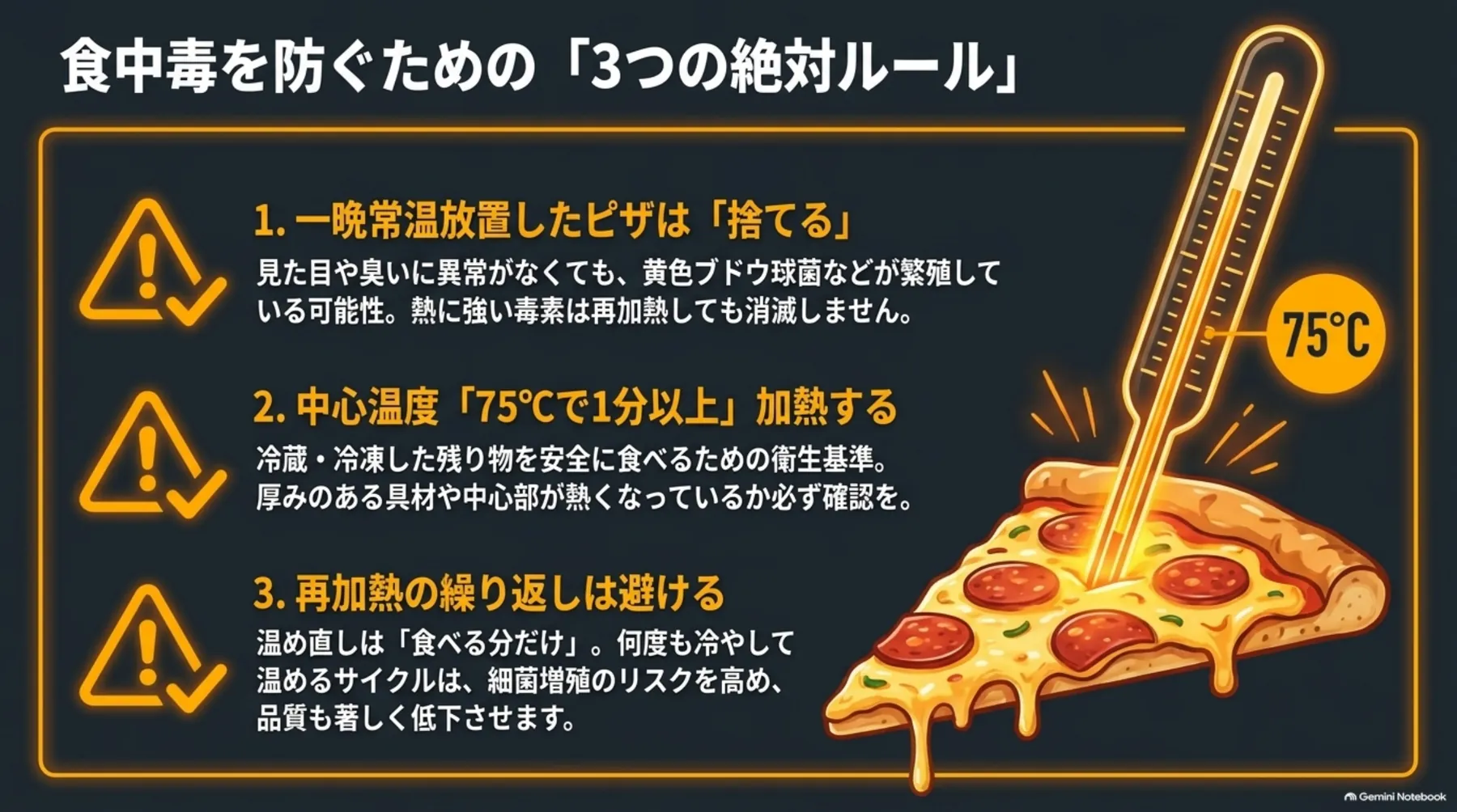 一晩常温放置したピザを食べない、中心温度75度で1分以上加熱する、再加熱を繰り返さないという注意事項