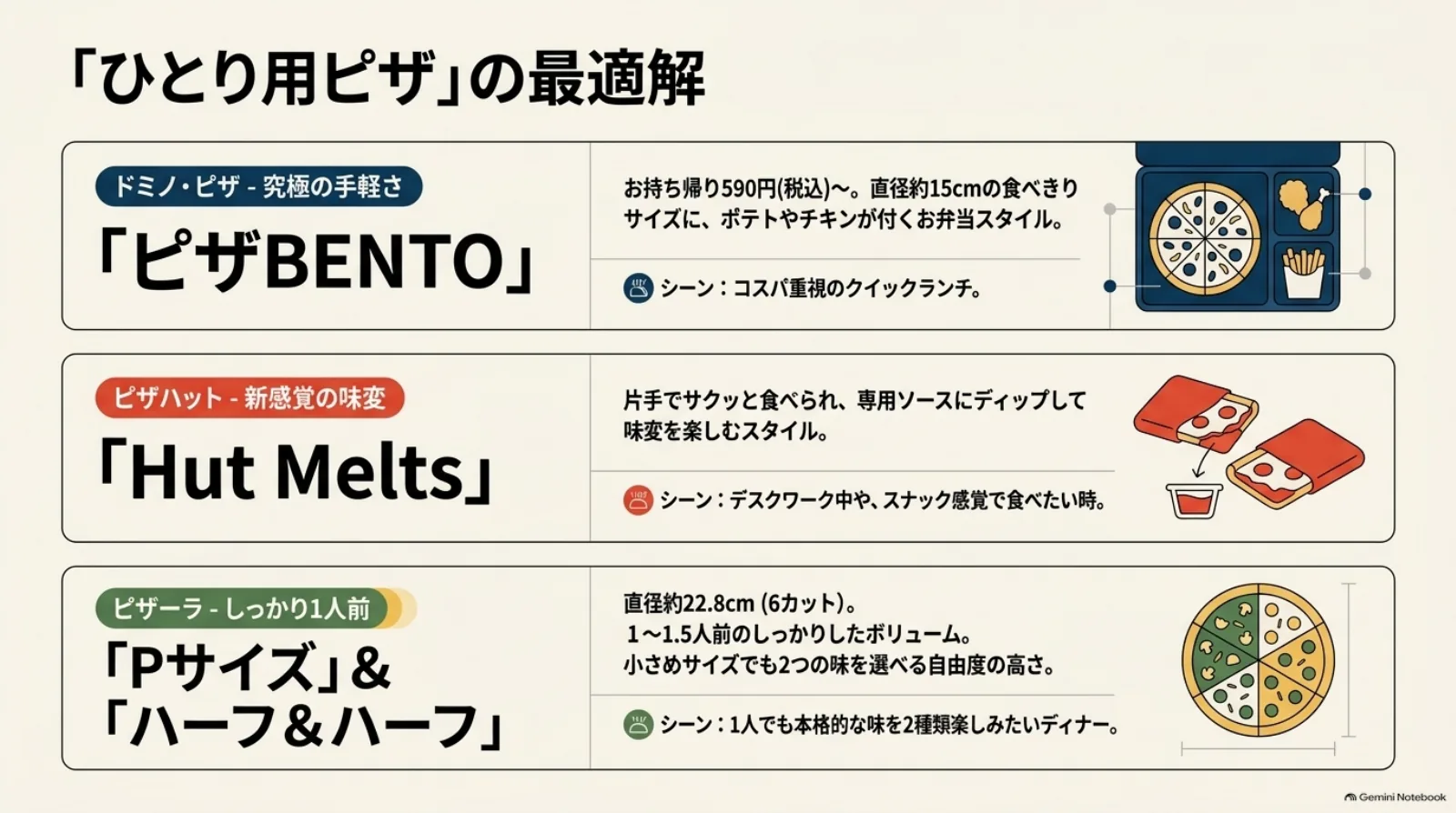 ドミノ・ピザのサイド付きピザBENTO、ソースで味を変えられるピザハットのHut Melts、ピザーラのPサイズとハーフ＆ハーフを比較。