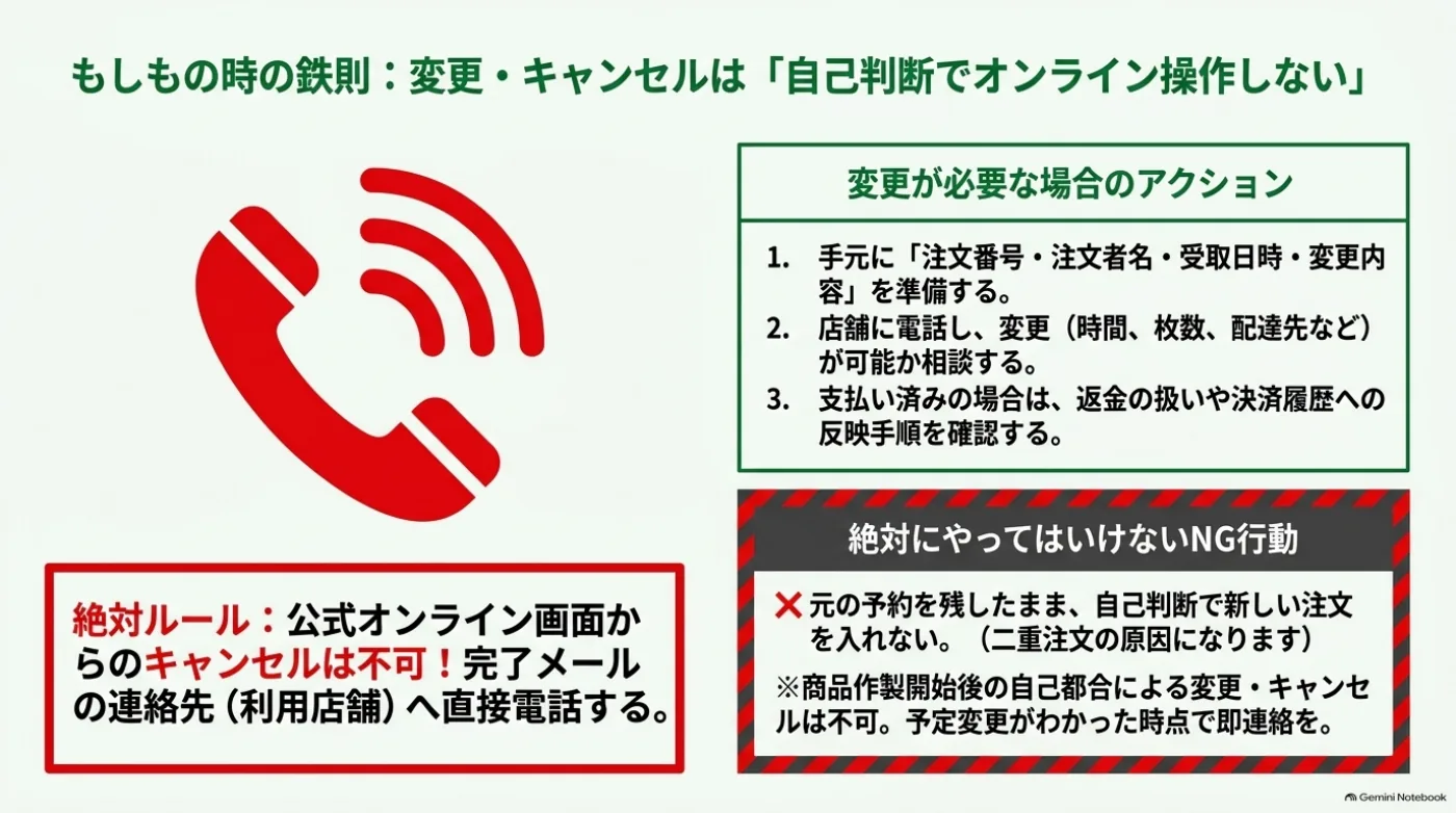 公式オンライン注文の変更・キャンセルは利用店舗へ電話で相談する。注文番号、注文者名、受取日時、変更内容を準備し、支払い済みなら返金の扱いも確認する。