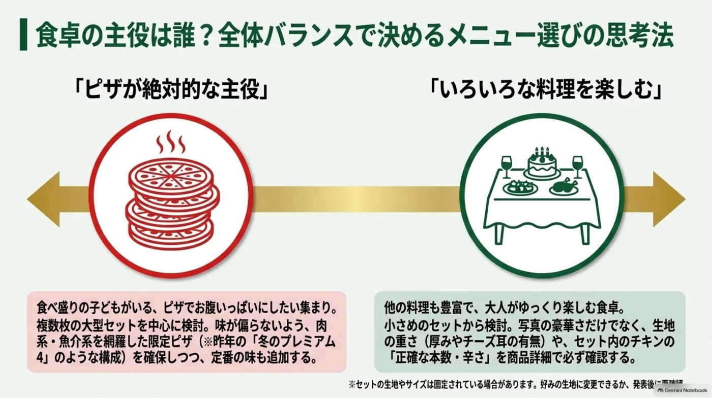 ピザを主役にする食事と、ケーキやチキンなども楽しむ食事を比較し、食欲、ピザの枚数、生地、サイドの量からセットを選ぶ考え方。