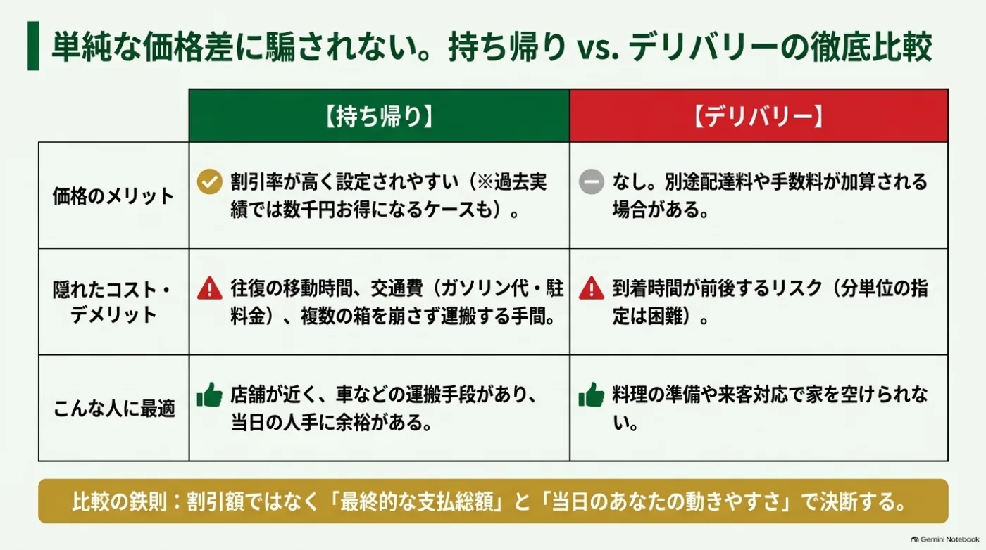 持ち帰りと配達を、商品価格、交通費や手数料、移動・運搬の手間、当日の予定で比較する表。支払総額と受け取りやすさから選ぶ。