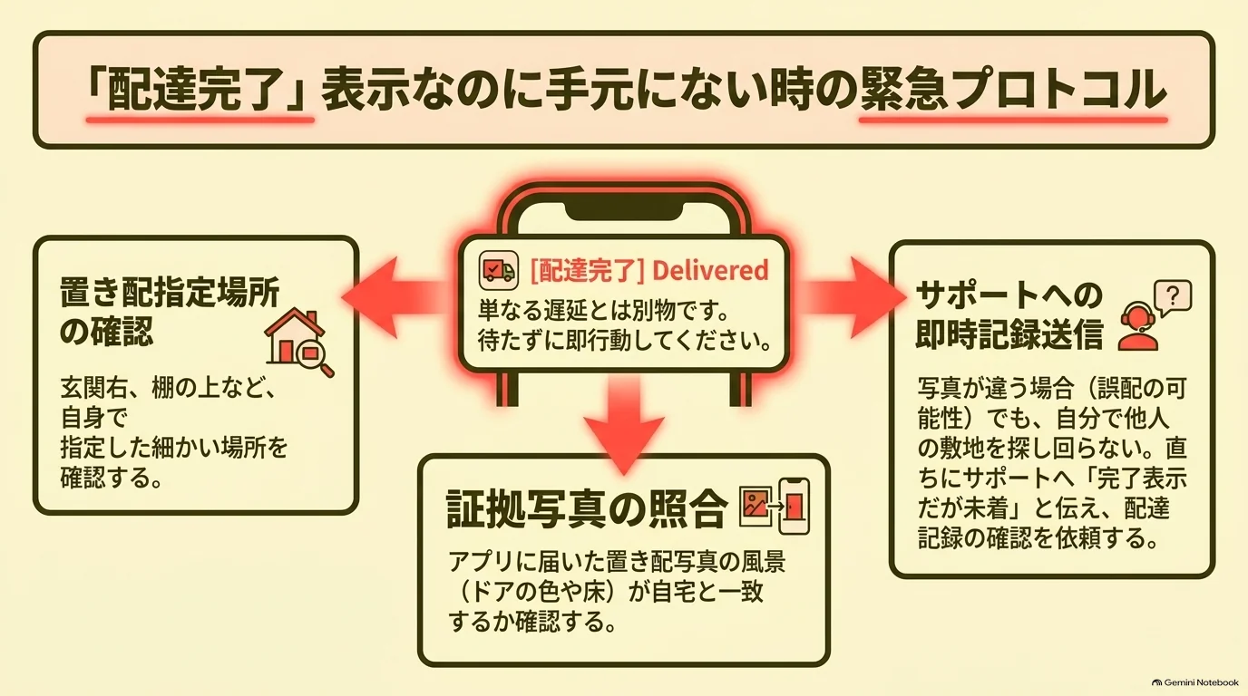 配達完了表示なのに商品がない場合に、指定した置き配場所と配達写真を確認し、店舗やサポートへ未着を早めに伝える対応図。